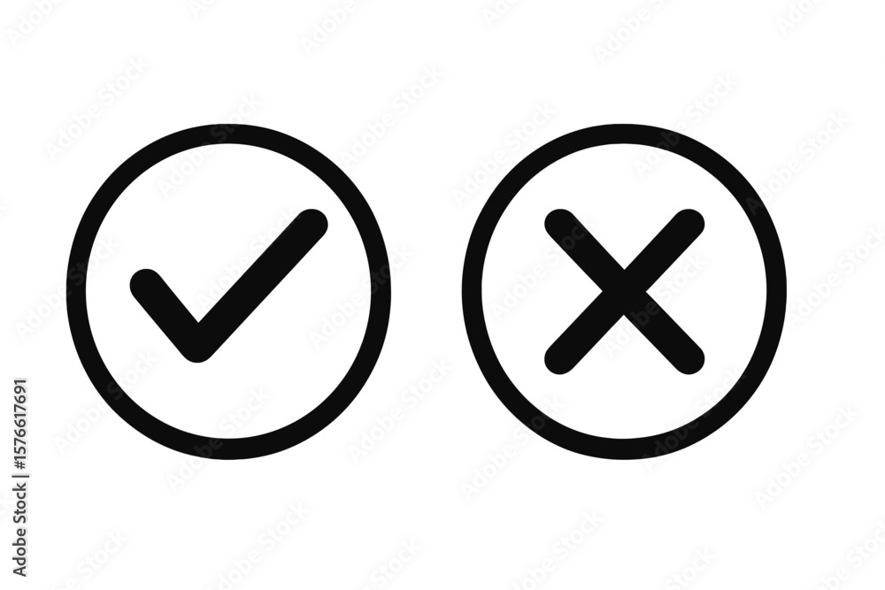 Poster tick and cross icons vector set, check mark and cross symbols in circles, transparent background, ui