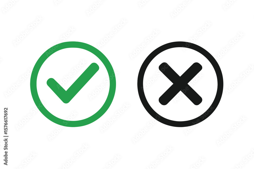 Poster green check mark and black cross icon set. vector approval and rejection symbols. tick and x button 