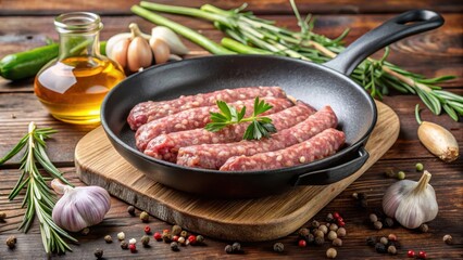 Sizzling raw beef sausage in a hot skillet with minced garlic and onions sizzling in the background, garlic, restaurant
