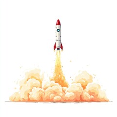 A stylized rocket ascends, leaving a trail of vibrant orange-yellow flames and a cloud of pale-orange dust below, against a stark white background