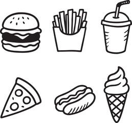 Fast Food Icon Set, Burger, Fries, Pizza, Ice-cream, and Soda Vector Collection

