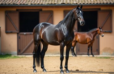 Obraz premium Serene horse stable with wooden barn in warm beige tones. Two horses present - chestnut and brown colors. Majestic horse standing, resting horse lying down. Green grass field in background.