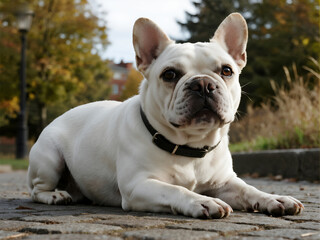 Fototapeta premium A white French bulldog with a black collar is lying on the ground in a park.