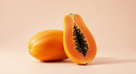 Whole and halved papaya with seeds on a soft pastel background, minimalistic style