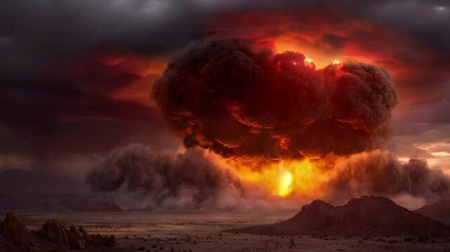 Thick dark clouds and fiery explotion in sky with rising burning smoke