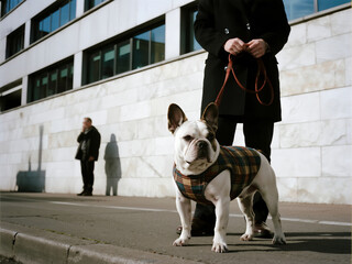A white French Bulldog wearing a plaid coat, standing on the street with an office worker holding its leash in front of a modern building