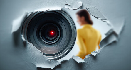 concept art of privacy violation with camera watching woman through damaged wall
