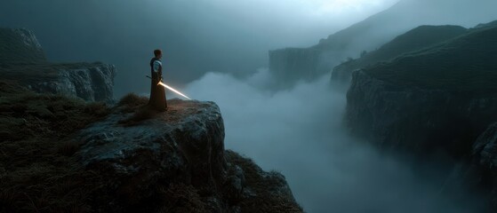 Epic fantasy rpg character on cliff edge in mystical landscape