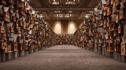 Birdhouses line a convention hall