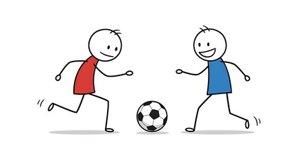 Two stick figure players enthusiastically kicking the ball