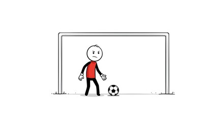 A cartoon stick figure goalkeeper focused on a soccer ball. He stands in front of the goal