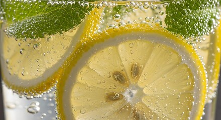 Refreshing lemon slices in sparkling water with mint, close-up photo