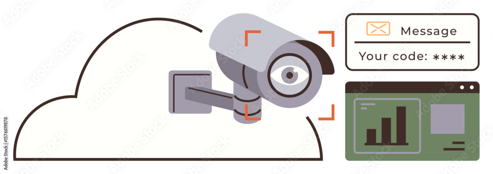 Poster security camera facing forward with cloud outline and highlighted lens, beside a digital interface. 