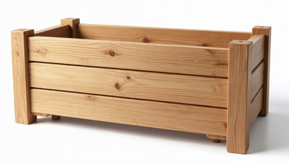 Sturdy, natural wooden planter box, perfect for gardens patios. Crafted from light-colored wood with visible grain, knot detail, container offers elegant, eco-friendly design for flowers plants.