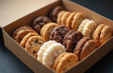 Assortment of fresh cookies in cardboard takeout box. Includes chocolate chip, sugar, and frosted varieties. Portable snack perfect for sharing or enjoying sweet treat on go. Delicious baked goods.