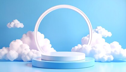 3D Podium Stage with Clouds  Circle Ring with Sky Blue Background for Product Display.