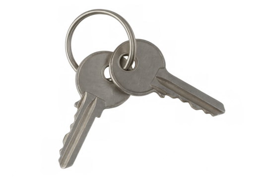 Two metal keys on a key ring are isolated on a transparent background, ready for use in various projects