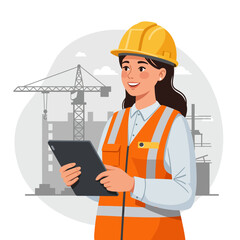 A smiling female construction worker in a safety vest and hardhat holds a tablet, overseeing a large construction site with cranes in the background, suggesting progress and planning.