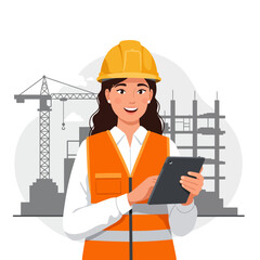 A cheerful female construction worker in a hard hat and safety vest uses a tablet on a building site with a crane and scaffolding in the background.