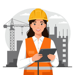 A smiling female construction engineer confidently holds a tablet, overseeing a modern building site with a crane in the background, showcasing expertise and progress.