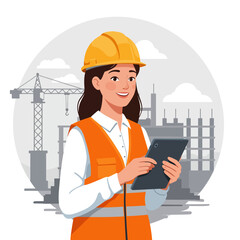 A female construction worker wearing a safety vest and hard hat uses a tablet to oversee a building project, with a crane and unfinished structures in the background.
