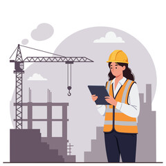A female construction engineer checks blueprints on a tablet against the backdrop of a modern building under construction and a crane.
