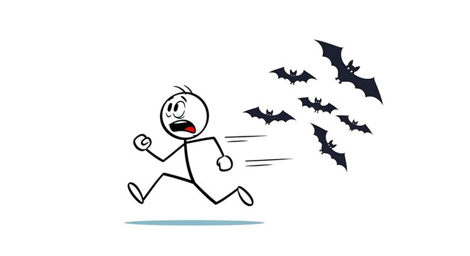 A person flees in panic from the bat. A stick figure, expression conveys fear and anxiety.