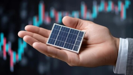Green Sustainable Technology Innovation concept, Hand holding a solar panel with a digital graph in the background. - Powered by Adobe