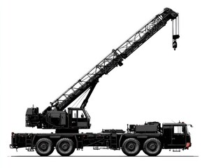 Side profile of a large, black, all-terrain crane with extended boom, resting on multiple axles, against a white background