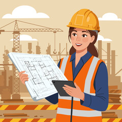 A female architect smiling confidently holds blueprints and a tablet, overseeing a large construction site with cranes and buildings under development in the background.