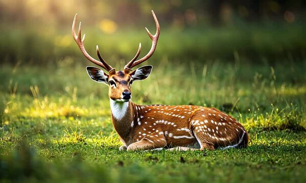 Majestic Spotted Deer with Antlers Resting Peacefully in a Sunlit Green Field, Wildlife Photography