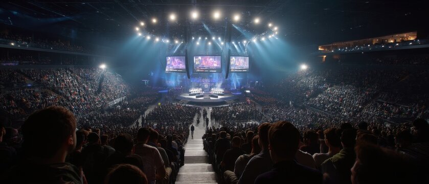 Thrilling esports tournament in a packed arena with massive crowd and players