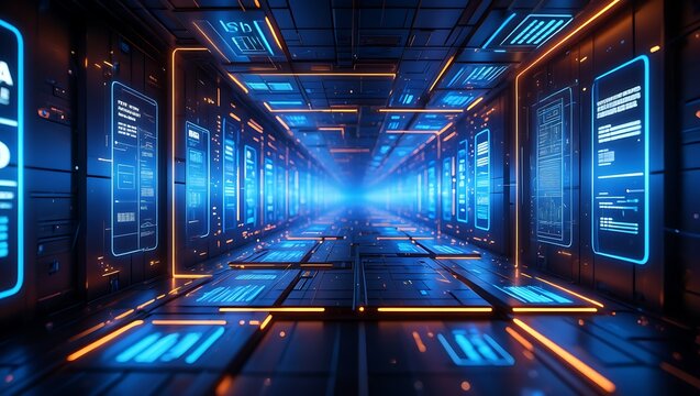 Futuristic Server Room Corridor with Glowing Blue and Orange Lights, High-Tech Data Center Interior with Complex Cyberpunk Details