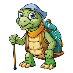Obraz premium Cartoon turtle with a hat and walking stick