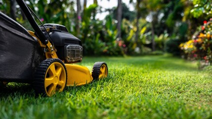 Lawn care in a tropical garden using a lawn mower on a sunny afternoon in a well-maintained yard