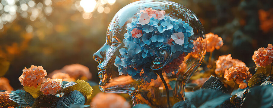 Visual poetry in a glass head filled with ferrofluid moving like smoke and housing vibrant hydrangeas, merging dreams with reality