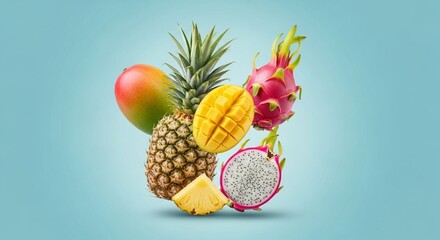 Colorful mix of tropical fruits (pineapple, mango, dragon fruit) floating on a solid light blue background