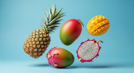 Colorful mix of tropical fruits (pineapple, mango, dragon fruit) floating on a solid light blue background