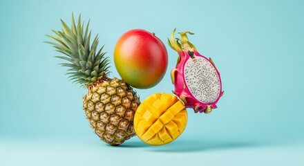 Colorful mix of tropical fruits (pineapple, mango, dragon fruit) floating on a solid light blue background