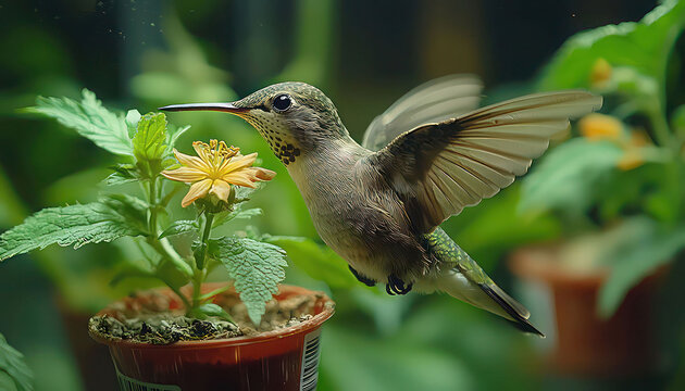 Vivid close-up of a hummingbird hovering near a bright flower, showcasing the birda??s agility and the vibrant colors of nature
