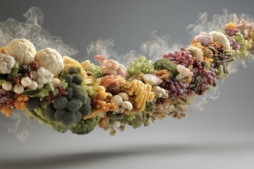 Colorful Assortment of Fresh Vegetables, Mushrooms and Grapes in Artistic Floating Composition