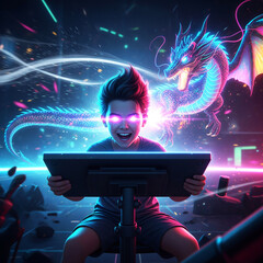 Boy immersed in gaming, summoning a neon dragon