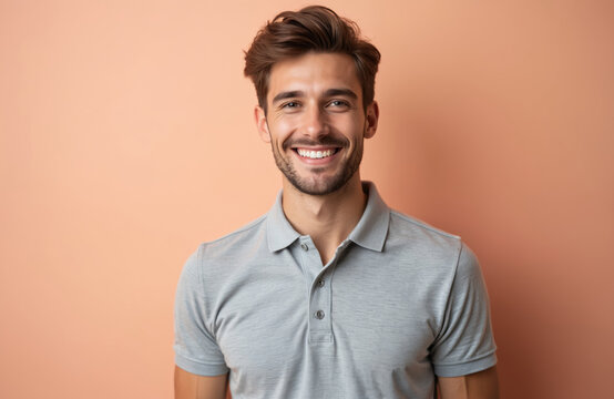 Young man smiles in a light grey polo shirt against a solid pastel wall. He embodies preppy style, golf casual wear, and sophisticated business attire. Clean crisp cotton fabric. Confident pro look.