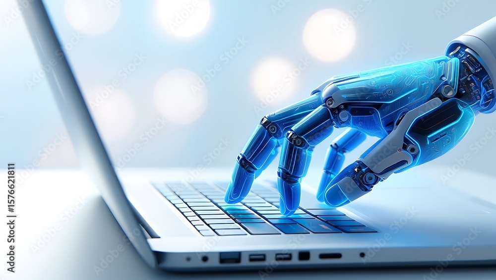 Aufkleber robot hand typing on a laptop keyboard, the future of technology: an ai-powered robotic arm interact