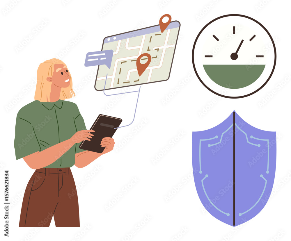 Poster female user using tablet to check map with route and location pins, shield representing security, an