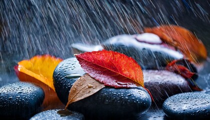 close up of wet colorful stones and autumn leaves in rain