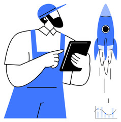 Worker with a beard and cap analyzes tablet data as a rocket launches, symbolizing innovation, technical progress, teamwork, leadership, growth, engineering, and analytics. A simple flat metaphor