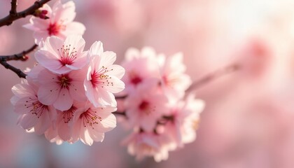 Cherry blossoms in full bloom on tree branches. Pink flowers spread out in various directions. Blurred background enhances sharpness of blossoms. Close-up view of cherry blossoms with clusters of