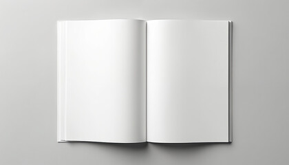 Open blank magazine pages, template mockup for graphic design. Clean white spread, minimalist layout for advertisement, book, album presentation. Tabletop workspace concept with soft wave texture.