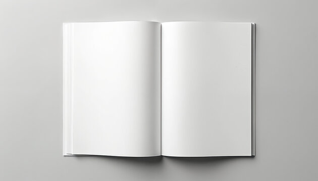 Open blank magazine pages, template mockup for graphic design. Clean white spread, minimalist layout for advertisement, book, album presentation. Tabletop workspace concept with soft wave texture.